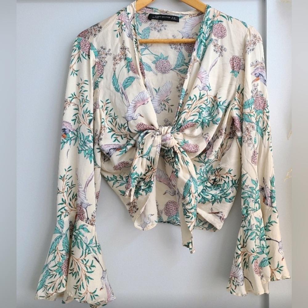 Zara Cream Floral Tie-Front Blouse with Green & Pink Accents